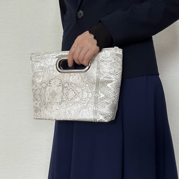 絹の帯から2wayバッグ　桜色のプラチナ箔宝飾華紋更紗文柄　帯リメイク308 7枚目の画像