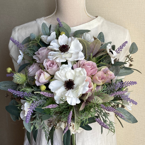 【新品】ニュアンスモーヴ系のウェディングブーケ　ブートニア付き 91a13a46d0a2adb12013987d2e4d03