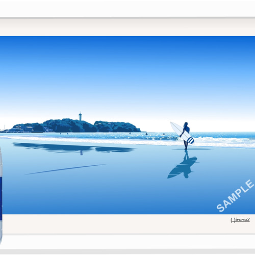 A3サイズ「江の島とサーファー」ニトリ（ホワイト） 絵画