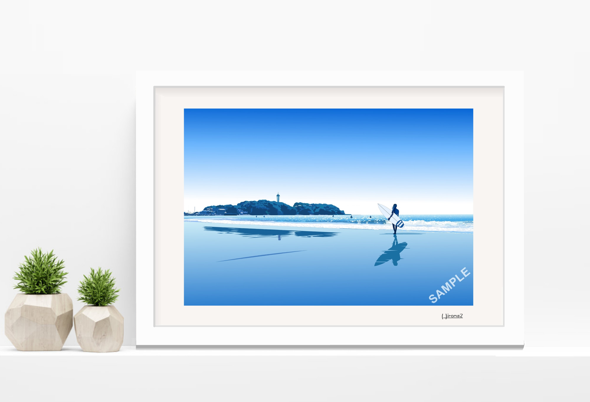 A3サイズ「江の島とサーファー」ニトリ（ホワイト） 絵画