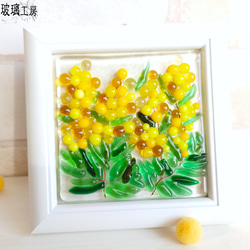 再販】 ミモザ 黄色い花 ミモザの花 ミニ額 ガラス フュージング 春 省