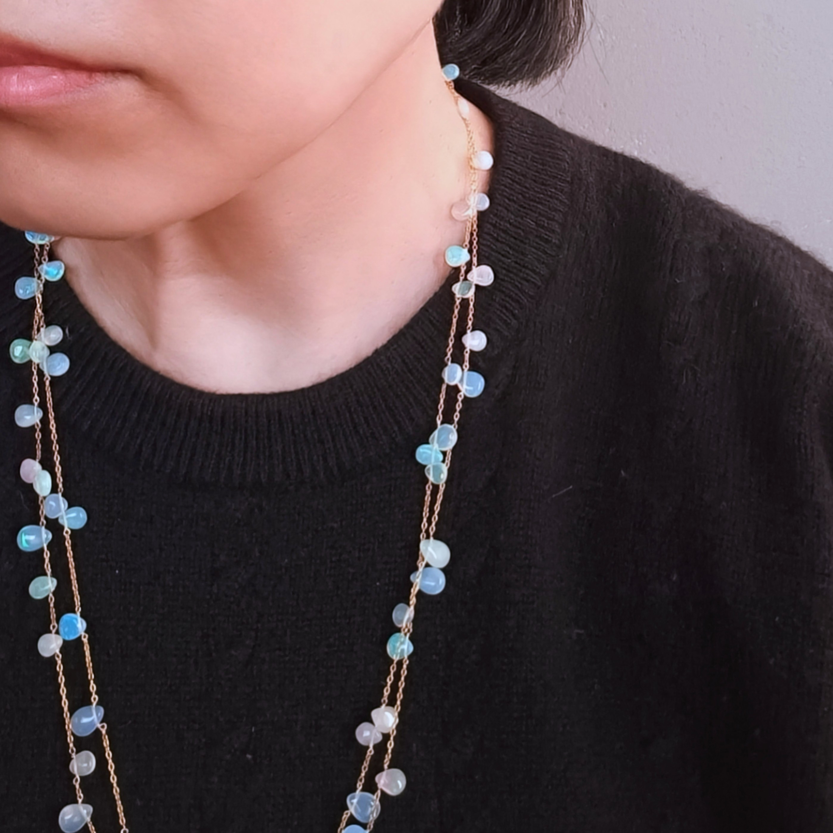 ジュエリー品質 オパール × 14kgf の 2連 ロングネックレス　60cm　10月誕生石　マロンシェイプ