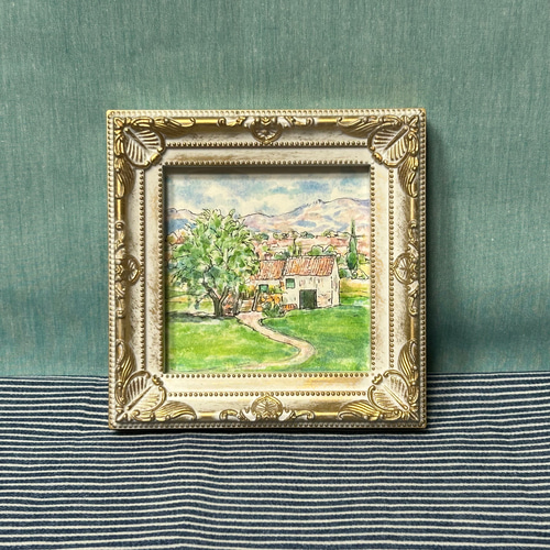 大きな木のある家（ミニ)(スペイン、原画、透明水彩、写真立て入り  