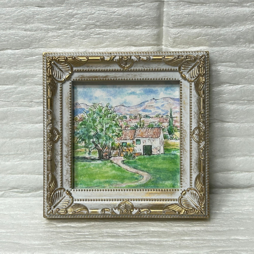 大きな木のある家（ミニ)(スペイン、原画、透明水彩、写真立て入り  