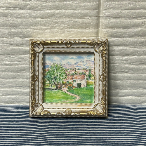 大きな木のある家（ミニ)(スペイン、原画、透明水彩、写真立て入り  