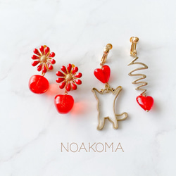 noakoma ＊ red - marguerite & cat イヤリング 2点 セット ＊ アレルギー対応 ねこ 1枚目の画像