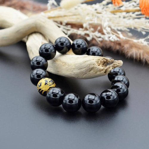 最強のお守り『金の龍彫りオニキス』の極太14mm玉シンプルブレスレット