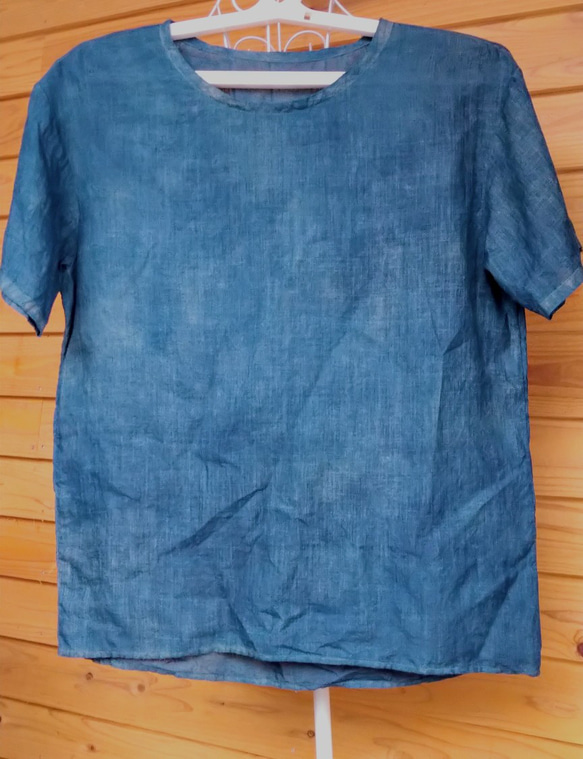 メンズ  伝統の藍染 ヘンプ100%の布帛のTシャツ  Mサイズ幾何学的模様 3枚目の画像