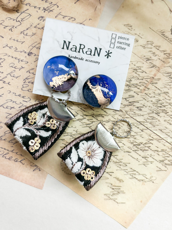 771≫アルコールインクアート【nara】2wayインド刺繍リボンタッセルイヤリング 5枚目の画像