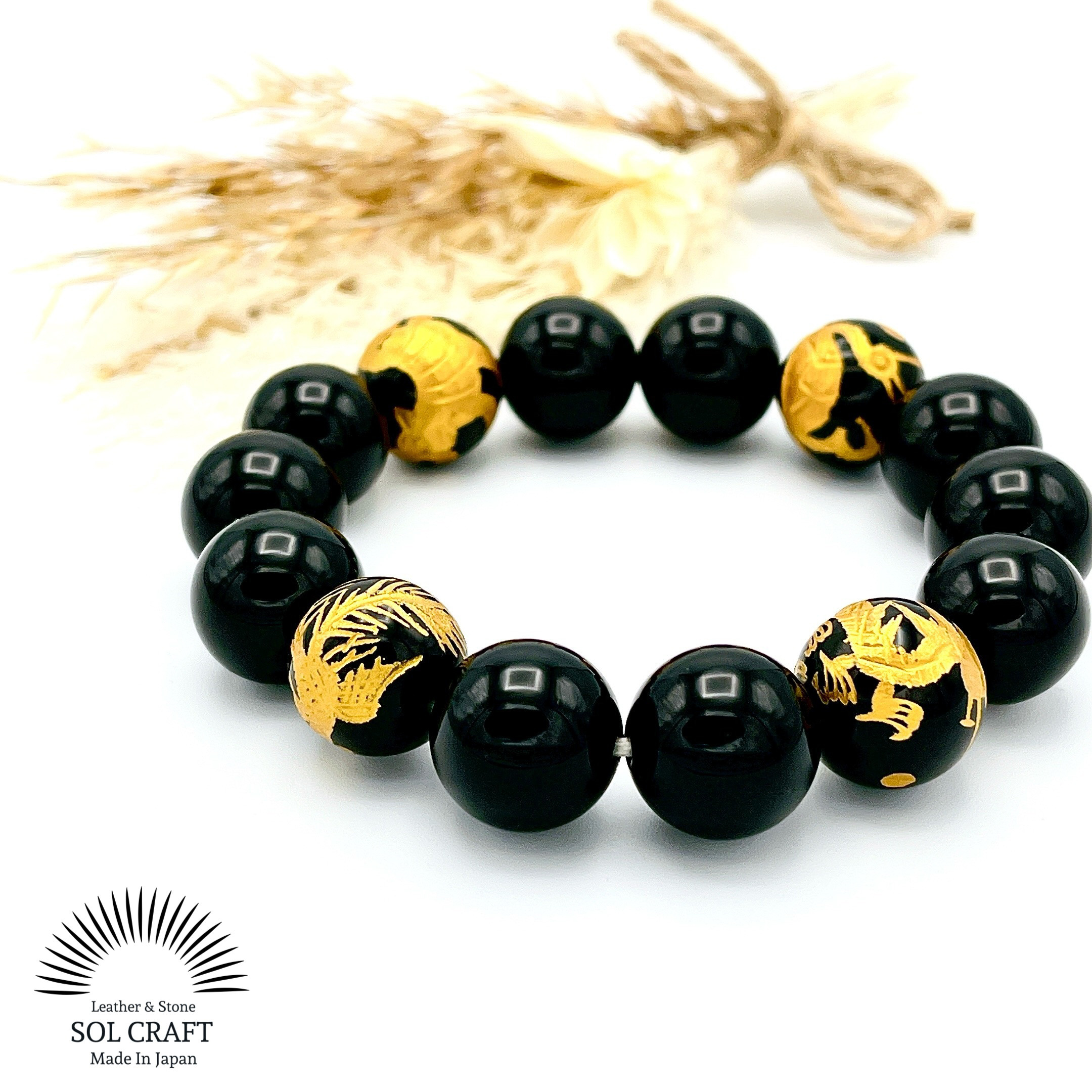 四神の加護『金の四神彫りオニキス』の極太14mm玉シンプルブレスレット 手彫り 金彫り 天然石 飛躍 強運 成功 富