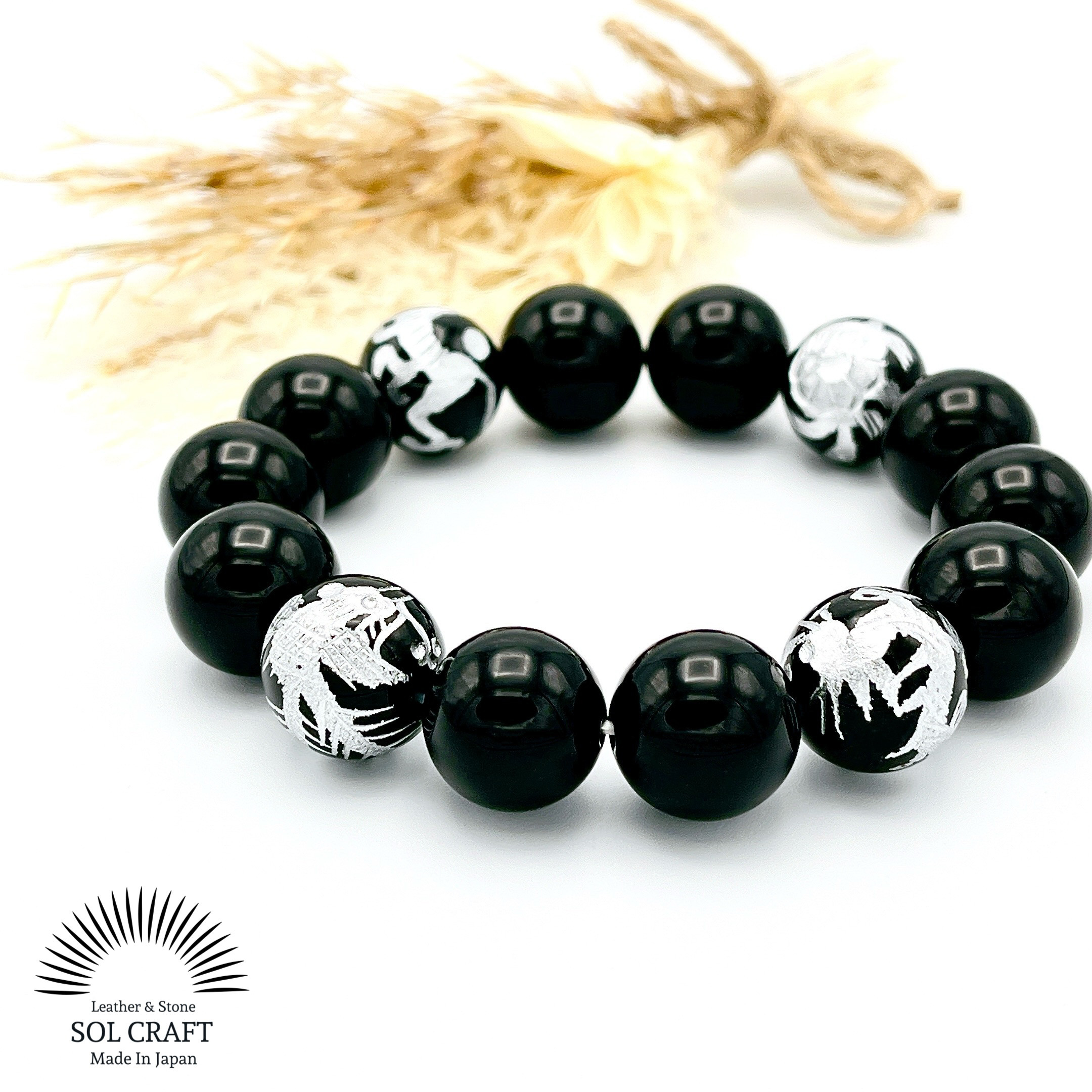 四神の加護『銀の四神彫りオニキス』の極太14mm玉シンプルブレスレット 手彫り 銀彫り 天然石 飛躍 強運 成功 富