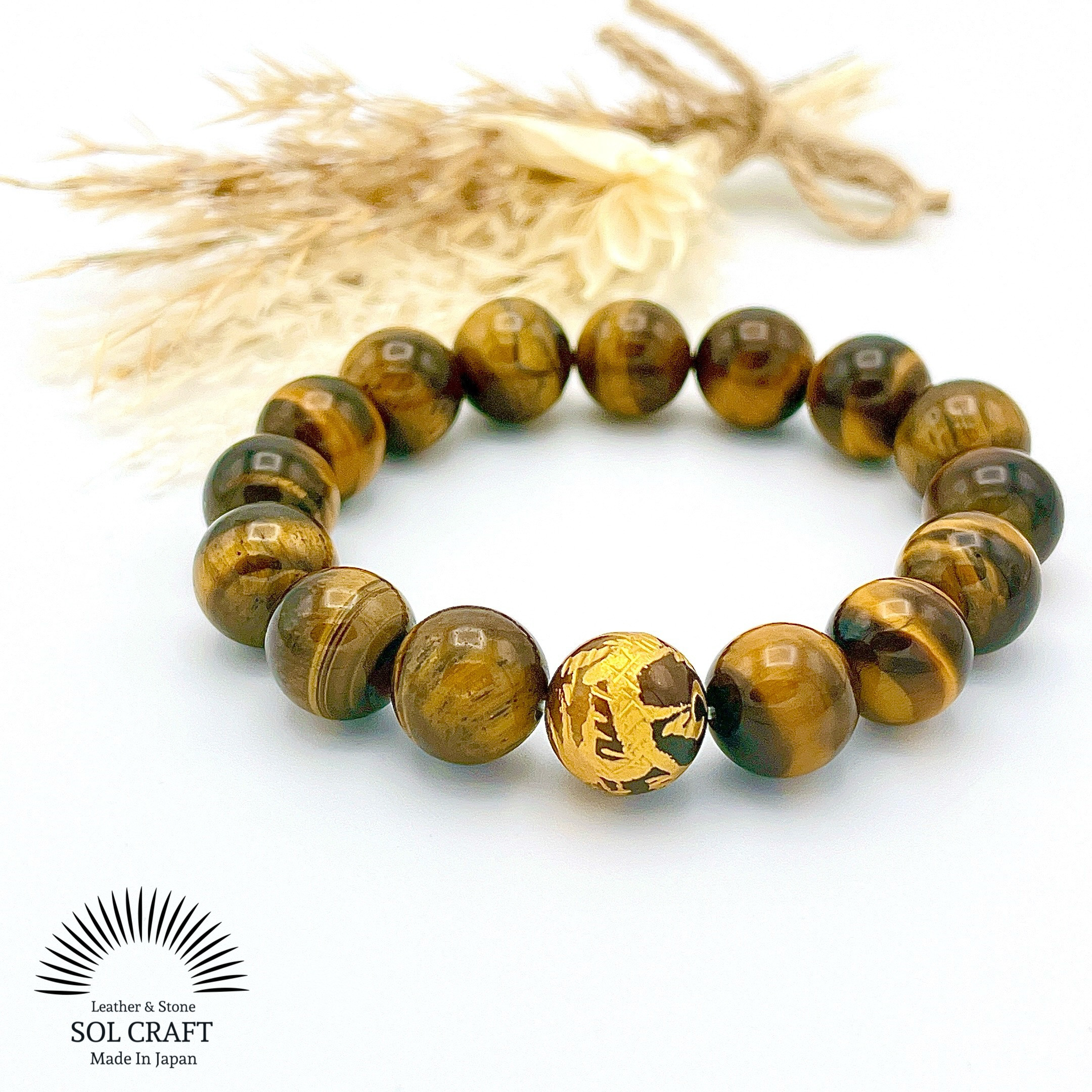 最強の勝負運『金の龍彫りタイガーアイ』の12mm玉シンプルブレスレット 手彫り 金彫り 天然石 成功 飛躍 強運 勝利