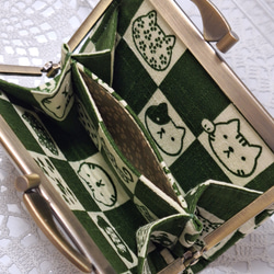 『ミニ財布』和柄◇市松柄♡猫顔　小さい財布多目的入れ　緑系 3枚目の画像
