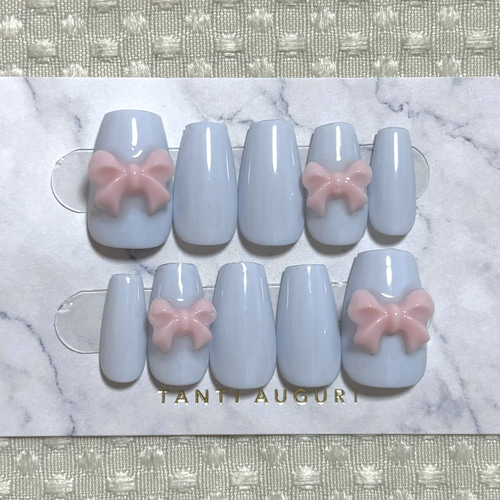 ライトブルー リボン ピンク ネイルチップ ネイルチップ（つけ爪