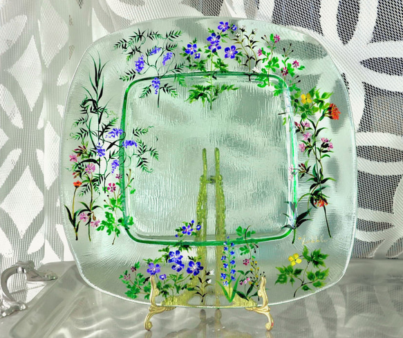 〖制作Verde belle〗グリーン　スクェアプレート26㎝Large 1枚【Pressed flowers】 1枚目の画像