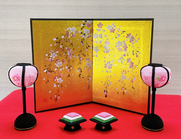 雛道具【桜金屏風 高さ15cm&ぼんぼり一対&菱餅一対】ひな祭り 雛道具【桜金屏風 高さ15cm&ぼんぼり一対&菱餅一対】ひな祭り