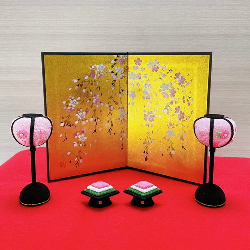 雛道具【桜金屏風 高さ15cm＆ぼんぼり一対＆菱餅一対】ひな祭り 雛人形