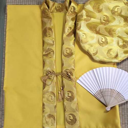 ご長寿祝い黄色&金色『鶴』合わせちゃんちゃんこ3点セット 着物
