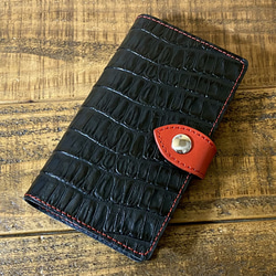 送料無料 手帳型 スマホケース iPhone 11 pro 用 革 クロコ型押し ブラック レッド 2枚目の画像