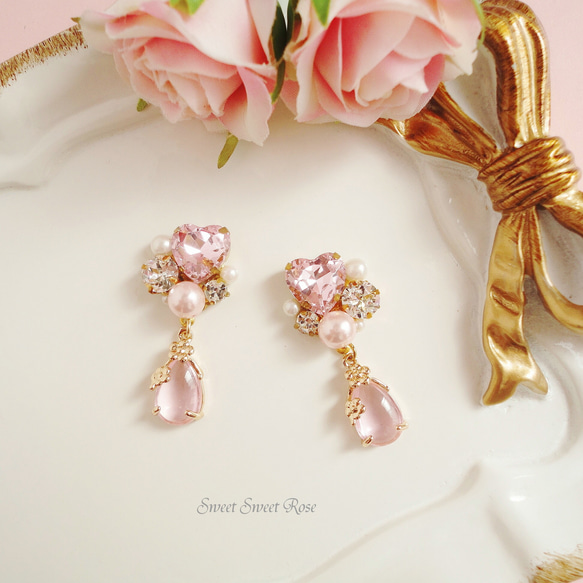 【再販】Heart Bijou & Pink Drop　イヤリング ピアス ハート ビジュー しずく ドロップ キラキラ 8枚目の画像