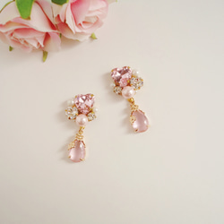 【再販】Heart Bijou & Pink Drop　イヤリング ピアス ハート ビジュー しずく ドロップ キラキラ 6枚目の画像