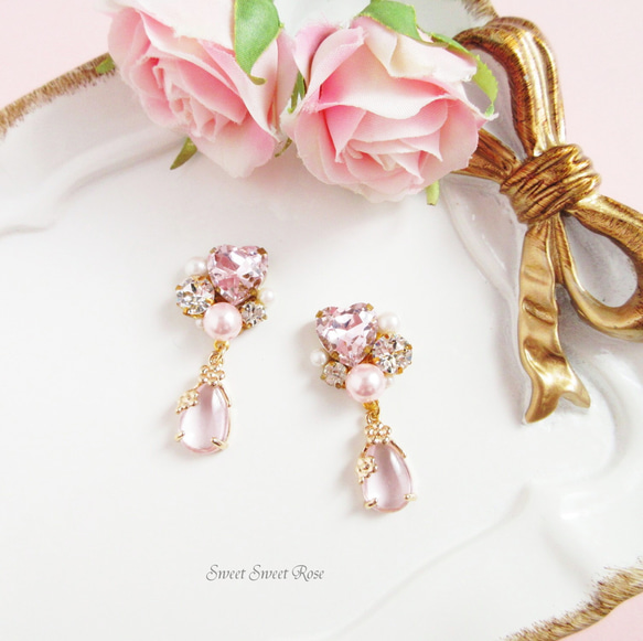 【再販】Heart Bijou & Pink Drop　イヤリング ピアス ハート ビジュー しずく ドロップ キラキラ 1枚目の画像