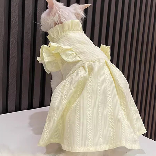 ＆ellecy 猫と戯れワンピース 猫服 ペット服 ネコ 薄い黄色猫プリンセスワンピース 姫スカート