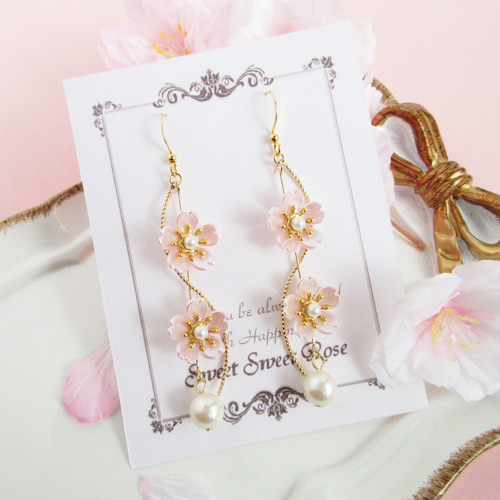 ピアスハート5連さくらんぼパールビジューチャーム赤大ぶり春