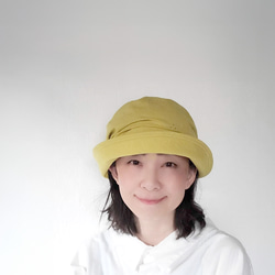 ゆったり キャスケット くしゅくしゅ ミモザ 黄色 刺繍 女子会 洗える帽子 M 綿麻 深め 軽い 春色 8枚目の画像