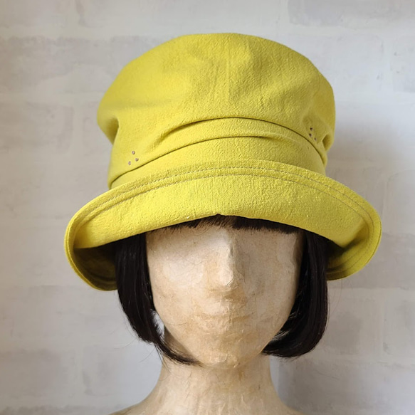 ゆったり キャスケット くしゅくしゅ ミモザ 黄色 刺繍 女子会 洗える帽子 M 綿麻 深め 軽い 春色 14枚目の画像