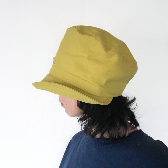 ゆったり キャスケット くしゅくしゅ ミモザ 黄色 刺繍 女子会 洗える帽子 M 綿麻 深め 軽い 春色 6枚目の画像