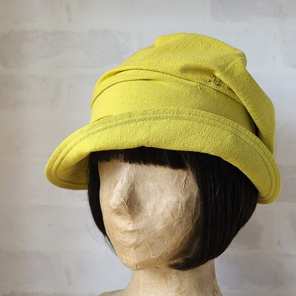 ゆったり キャスケット くしゅくしゅ ミモザ 黄色 刺繍 女子会 洗える帽子 M 綿麻 深め 軽い 春色 13枚目の画像
