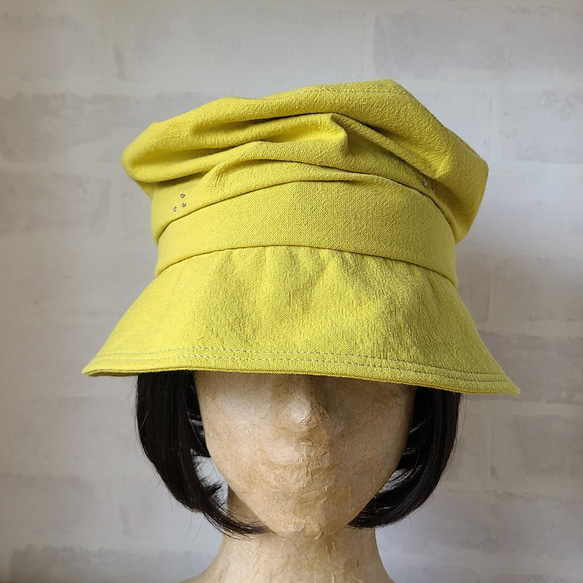 ゆったり キャスケット くしゅくしゅ ミモザ 黄色 刺繍 女子会 洗える帽子 M 綿麻 深め 軽い 春色 11枚目の画像