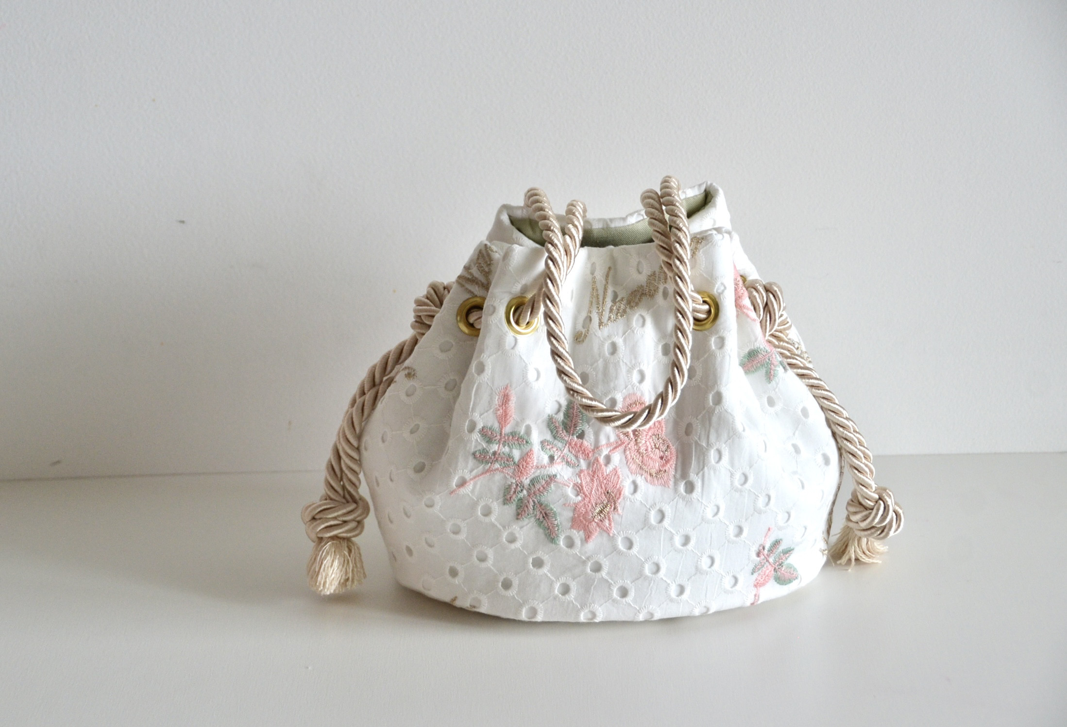 数量限定　オランダ製　コットンオールオーバーレース　2wayマリンバッグ　ホワイト×ローズピンク