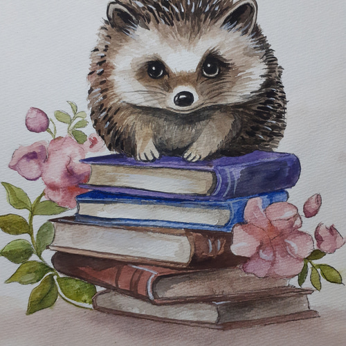 ポストカード［いちごとハリネズミ］手描き 複製画 水彩イラスト
