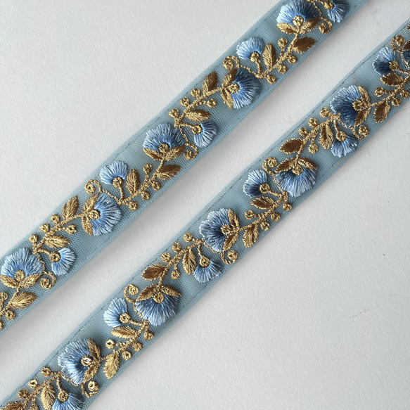 【*93cmカット】インド刺繍リボン　ブルー　チュール　GN451 6枚目の画像