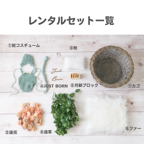 レンタル】『緑辰』ニューボーンフォトセット①(カゴ、床、装飾、衣装