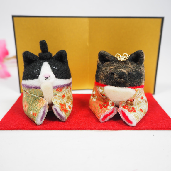 現品販売】黒白ハチワレ猫お内裏様とサビ猫お雛様 雛人形セット