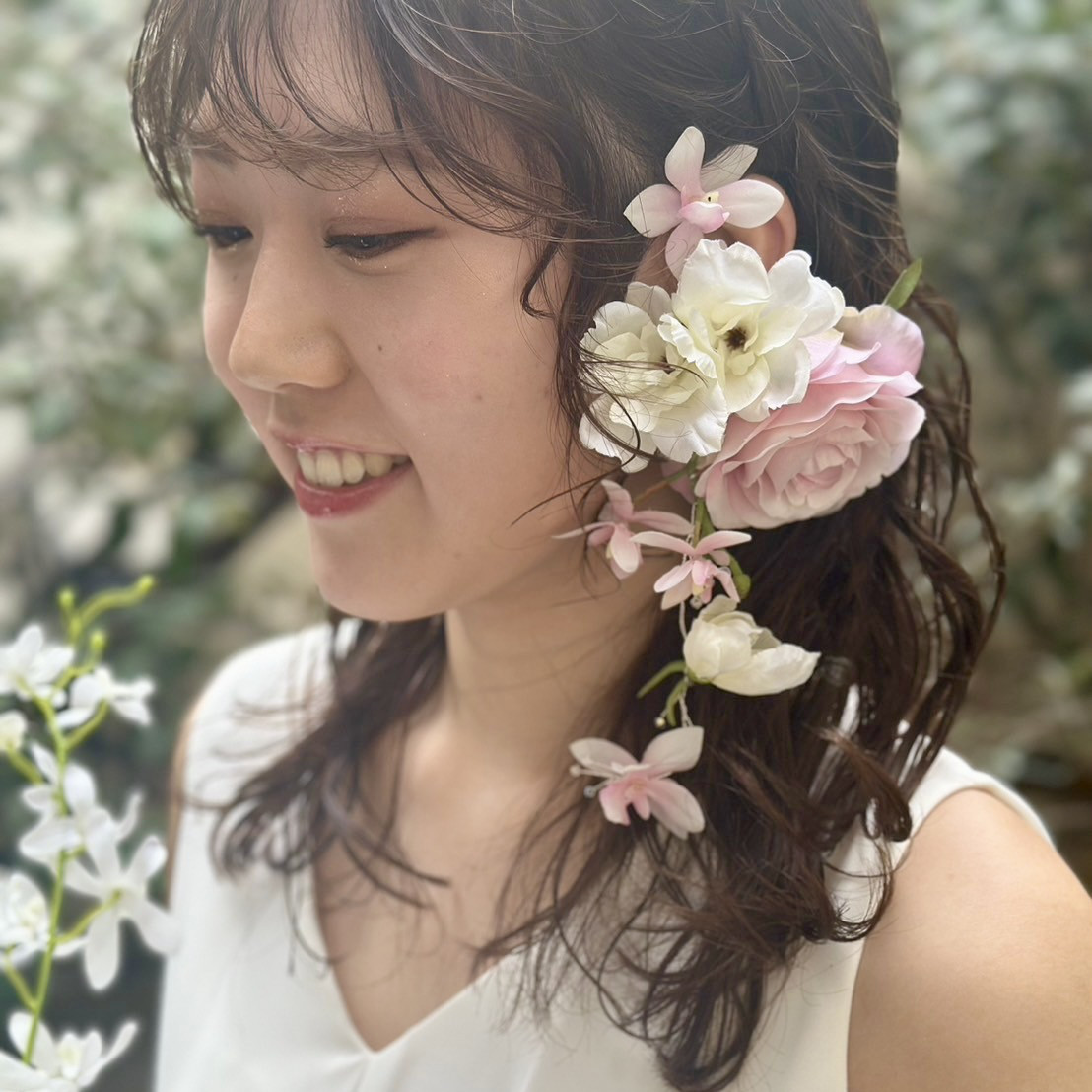 フラワーイヤーフック　ローズ　ピンク　ウエディング　パーティー　春　前撮　謝恩会　結婚式　ドレス　発表会　造花　イヤー