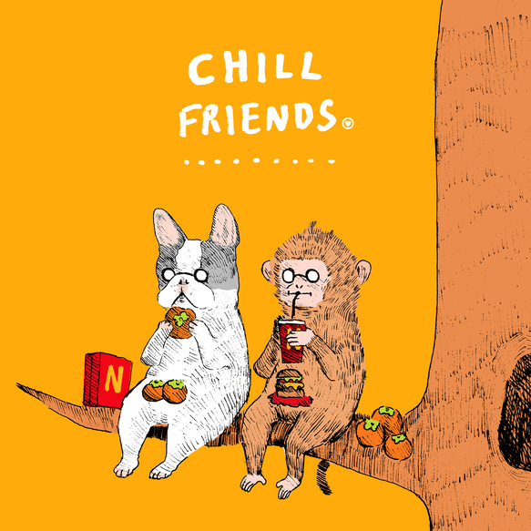 「CHILL FRIENDS 犬猿の仲？」コットンTシャツ/送料無料 2枚目の画像