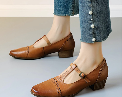安定感抜群！ストラップパンプス 靴 レディース 本革 レザー パンプス