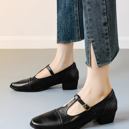 安定感抜群！ストラップパンプス 靴 レディース 本革 レザー パンプス