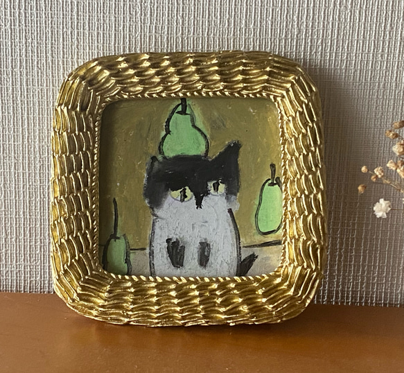 絵画。原画【かわいい長毛黒猫ちゃんと梨】