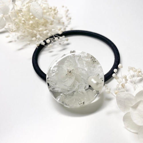 レジンヘアゴム　ブラック　グレー　パール　スクエア　かすみ草　シンプルレース レジンヘアゴム ブラック グレー パール スクエア かすみ草