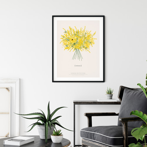 大人っぽいミモザのブーケ】クリーム背景 インテリア アートポスター