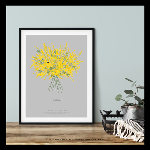 大人っぽいミモザのブーケ】グレー背景 インテリア アートポスター