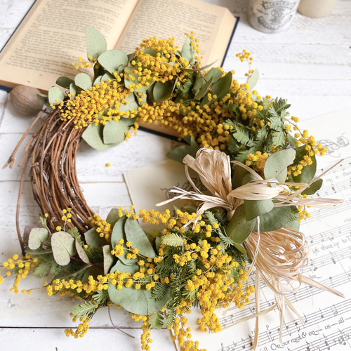 ドライフラワー＊ミモザとユーカリのナチュラルリース＊Mサイズ リース