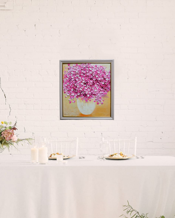 油絵 油彩 油彩画 絵 絵画 【ピンクのかすみ草】 入選 油彩 色紙 ドリーム賞 平成26年 油絵 ピンクのかすみ草 技法 素材 油絵の具 ホルベイン アクリル絵の具 リキテックス 242×273 壁掛け可能 ラッピング付き 平成27年 平成28年 平成29年