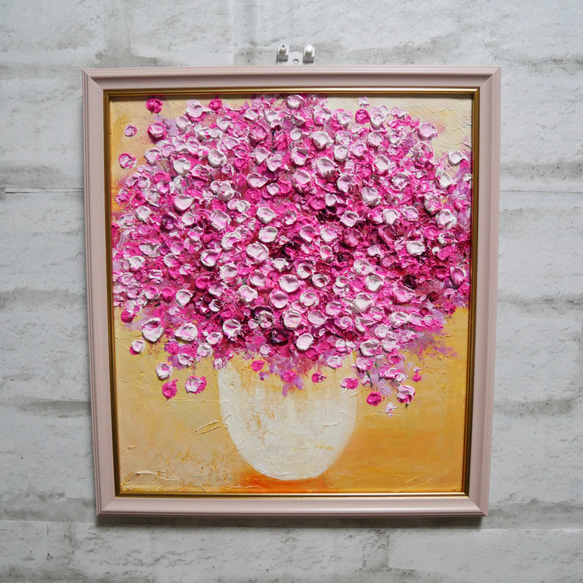 油絵 油彩 油彩画 絵 絵画 【ピンクのかすみ草】 入選 油彩 色紙 ドリーム賞 平成26年 油絵 ピンクのかすみ草 技法 素材 油絵の具 ホルベイン アクリル絵の具 リキテックス 242×273 壁掛け可能 ラッピング付き 平成27年 平成28年 平成29年