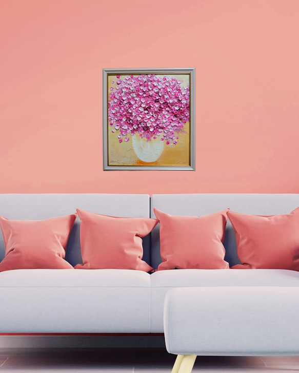 油絵 油彩 油彩画 絵 絵画 【ピンクのかすみ草】 入選 油彩 色紙 ドリーム賞 平成26年 油絵 ピンクのかすみ草 技法 素材 油絵の具 ホルベイン アクリル絵の具 リキテックス 242×273 壁掛け可能 ラッピング付き 平成27年 平成28年 平成29年